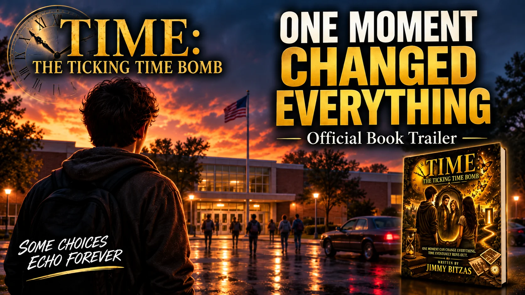 Official TIME book trailer featuring a young man at a school at sunset